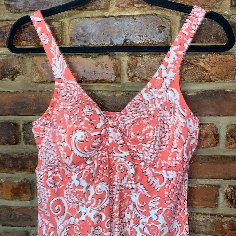 Swim Solutions Coral Printed One-Piece Swim Bathing Suit Dress Women's Size 16 - Picture 3 of 8